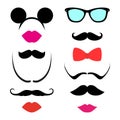 Set of stylish silhouettes hipster elements consisting of different mustaches, lips, a bow, mouse ears and glasses