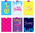 A set of stylish summer cards. Pineapple, cocktail, paper boat and palm branches in vector. Summer inscriptions. Lettering.