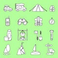 Set of 16 stylish vector icons for tourism, adventure, camping: equipment, clothing, nature, transport isolated on white backgroun Royalty Free Stock Photo