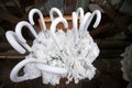 A set of stylish white wedding umbrellas on a rainy day for holiday guests. Royalty Free Stock Photo