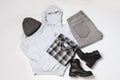 Set of stylish winter clothes, top view