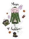 A set of stylish women`s clothing and accessories. Jacket, coat, shoes, bag, shoes, hat, glass of coffee and perfume. Autumn.