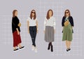 Set of Stylish Young Women Dressed in Trendy Outfits.