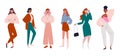 Set of stylish young women in flat and doodle style. Women are dressed in trendy modern clothes. Girls from different nations