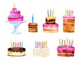 Set of stylized birthday cakes with candles Royalty Free Stock Photo