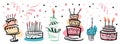 Set of stylized birthday cakes with color spots and decorations decorations. Hand drawn cartoon vector sketch illustration