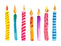 Set of stylized birthday candles. Hand drawn cartoon watercolor sketch illustration