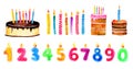 Set of stylized birthday elements. Hand drawn cartoon cakes and candles. Watercolor sketch illustration Royalty Free Stock Photo