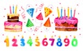 Set of stylized birthday elements. Hand drawn cartoon cakes, numeral candles and party hats. Watercolor sketch illustration