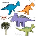 Set of stylized dinosaur with names and elements of vegetation