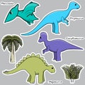 Set of stylized dinosaur stickers