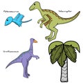 Set of stylized dinosaur and tree