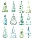 Set of stylized fir trees on white. line art trees with minimal design, various lines and shapes