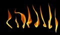 Set of stylized fire flame, Abstract glowing lines. Fire flames isolated black background Royalty Free Stock Photo