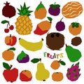A set of stylized geometric fruits. Natural organic tropical products pineapple, coconut, papaya, apple, mango, pomegranate, peach