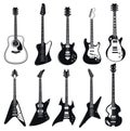 Set of stylized guitars. Collection of electric guitars. Black and white illustration of musical instruments. Linear art