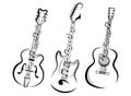 Set of stylized guitars. Collection of electric guitars with notes. Black and white illustration of musical instruments