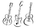 Set of stylized guitars. Collection of electric guitars with notes. Black and white illustration of musical instruments