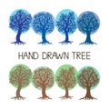 Set of stylized hand draw vintage old tree with crooked branches