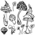 Set of stylized magic psychedelic mushrooms. Coloring page hallucinogenic, cosmic, fantazy mushrooms. Black and white