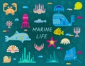 Set of stylized marine inhabitants in the underwater world Royalty Free Stock Photo