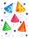 Set of stylized party hats. Hand drawn cartoon watercolor sketch illustration