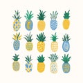 Set of stylized pineapples of various texture isolated on white background. Bundle of tropical fresh juicy fruits