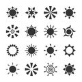 Set of stylized sun logotype. Icon of sun, star, flower. Isolated black logo on white background. Royalty Free Stock Photo