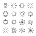 Set of stylized sun logotype. Line icon of sun, star, flower. Isolated black outline logo on white background. Royalty Free Stock Photo