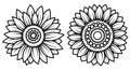 Set of stylized sunflowers. Collection of flowers in the form of a mandala. Black and white illusion. Tattoo.
