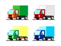 Set of stylized vector small trucks of different colors. Truck with an antenna. Flat vector image on a white background.