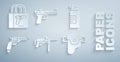 Set Submachine gun M3, Weapons oil bottle, Revolver, Gun holster, Desert eagle and Buying pistol icon. Vector