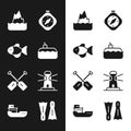 Set Submarine, Fish, Iceberg, Compass, Paddle, Lighthouse, Flippers for swimming and Cargo ship icon. Vector Royalty Free Stock Photo