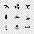 Set Submarine, Yacht sailboat, Kayak and paddle, Speedboat, Whale tail, Bird seagull, Boat propeller and Surfboard icon