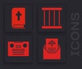 Set Subpoena, Holy bible book, Prison window and Retro audio cassette tape icon. Vector