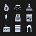 Set Subpoena, Plastic bag with ziplock, Judge wig, Evidence and bullet, Briefcase, Feather pen, Prisoner and Money icon