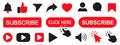 Set subscribe button icons: cursor, bell, like, comment, share sign for channel, blog, social media. Subscribe icon shape Royalty Free Stock Photo