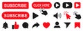 Set subscribe button icons: cursor, bell, like, comment, share sign for channel, blog, social media. Subscribe icon shape sign
