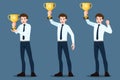 Set of a successful young smily businessman raise up & holding a gold trophy cup. Winner or leader male character with business su