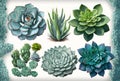 Set of succulents and cactus, botanical painting.