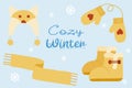 Set of suede slipper boots with fur, cute warm hat, scarf and mittens, warm winter accessory, vector