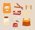 Set of sugar in a flat style. Vector illustration of natural cane sugar in jar, bag, box, sugar bowl and cube shape on