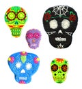 Set of sugar skulls. Handmade naive Day of the Dead symbol. Royalty Free Stock Photo