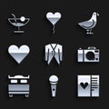 Set Suit, Microphone, Postcard with heart, Photo camera, Bedroom, Heart, Dove and Cocktail icon. Vector