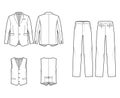 Set of Suit three-piece - classic Pant, jacket and vest technical fashion illustration with single breasted, oversized