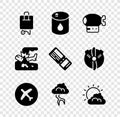 Set Suitcase, Barrel oil, Airship, Plane, Storm, Sun and cloud weather, crash and Airline ticket icon. Vector