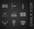 Set Suitcase, Hot air balloon, Pilot hat, Airport board, Aircraft steering helm, Plane takeoff, Rocket and Fuel tanker