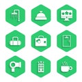 Set Suitcase, Hotel building, Coffee cup, Shower cabin, Hair dryer, Five stars rating review and icon. Vector
