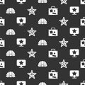 Set Suitcase, Map pointer with star, Scallop sea shell and Starfish on seamless pattern. Vector Royalty Free Stock Photo