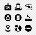 Set Suitcase, Metal detector in airport, Helicopter, Location, Worldwide, No Smoking, alcohol and cell phone icon